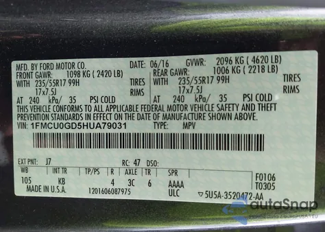 2017 Ford Escape Se из США, поврежденный, VIN 1FMCU0GD5HUA79031